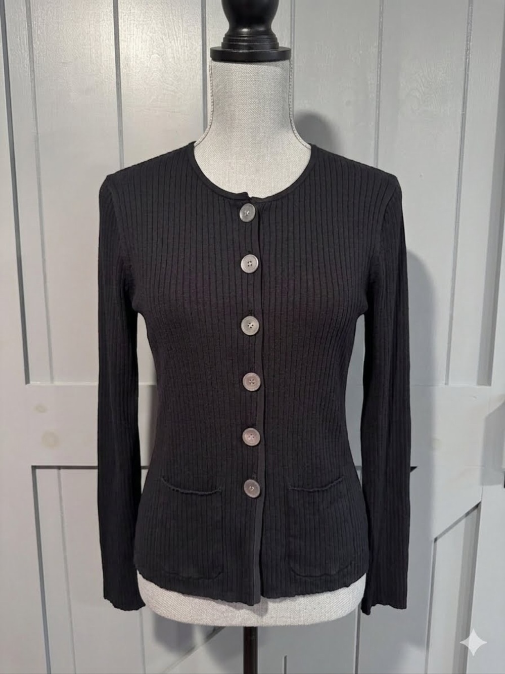 J. Crew Classic Black Ribbed Button-Front Sweater
